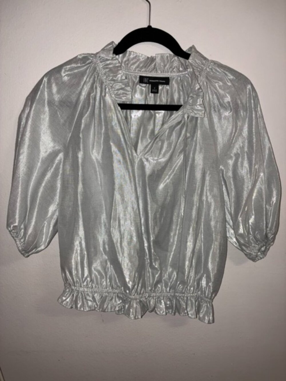 I.N.C- International Concepts Silver Metallic Puff Sleeve Ruffle Hem Blouse
